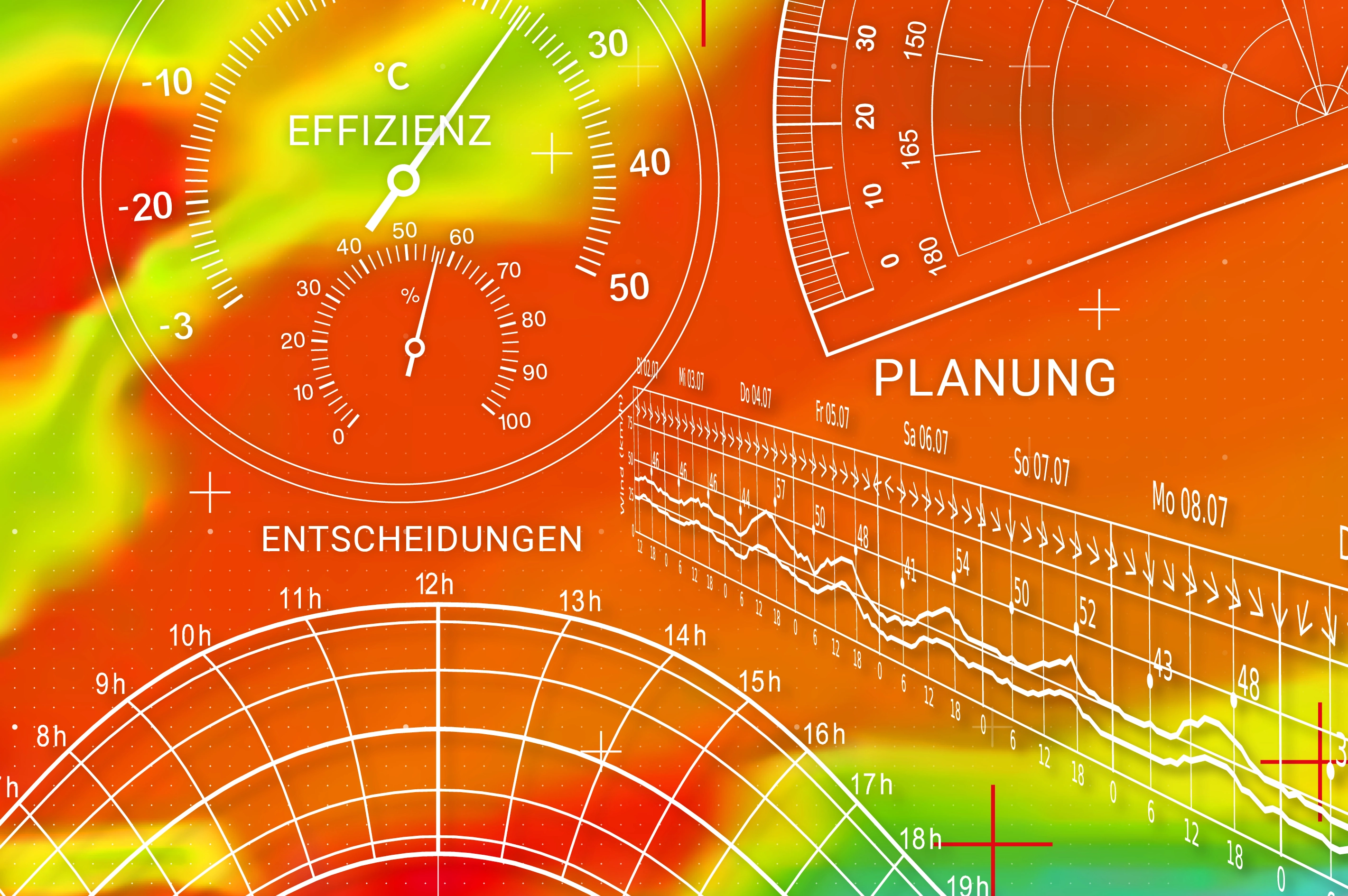 Abstrakte Grafik mit Temperatur- und Effizienzskalen, die Planung und Entscheidungen in der Simulationstechnik visualisieren.