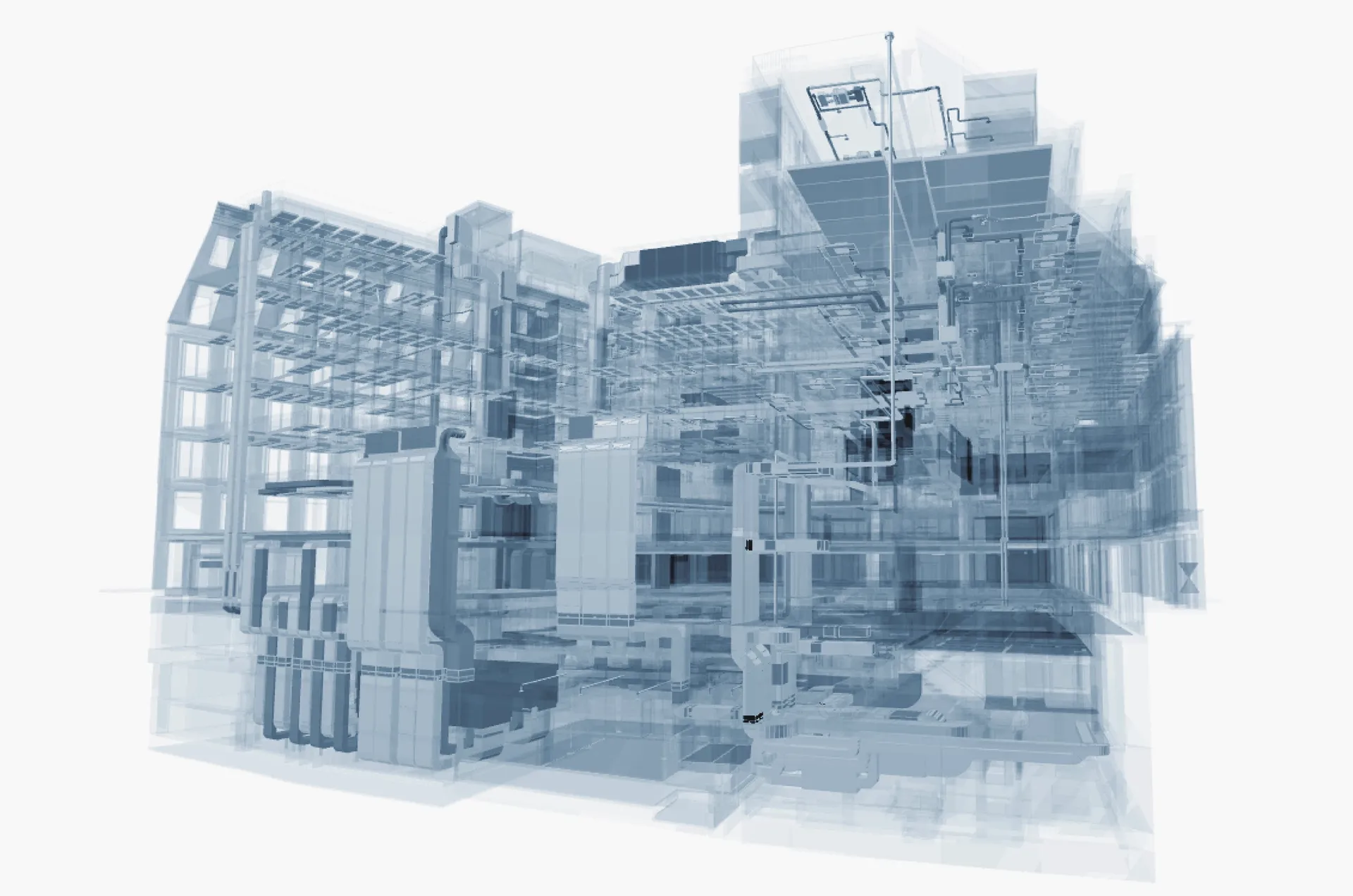 Eine komplexe, transparente 3D-Darstellung eines technischen Gebäudemodells in München zeigt detaillierte Innenstrukturen.
