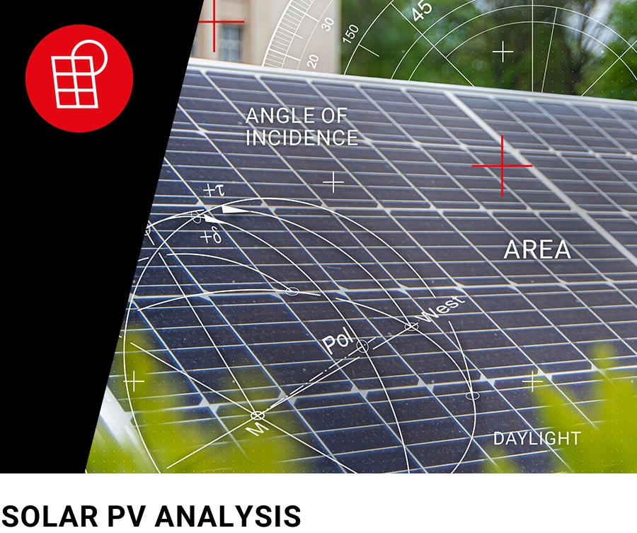 A solar panel is analyzed with digital overlays showing angle of incidence and area for optimizing PV energy efficiency.